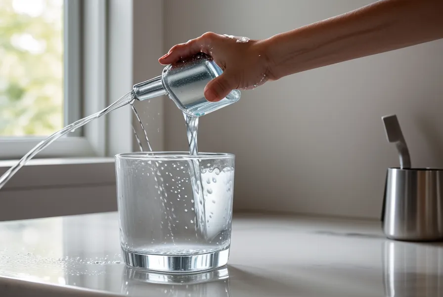 Pouring water from the SmartWaterBox spigot into a drinking glass
