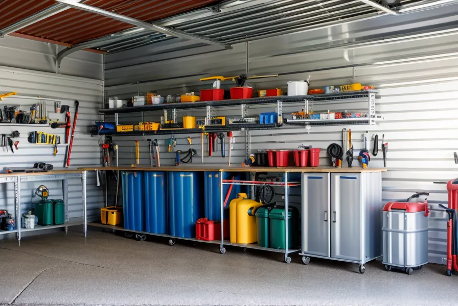 Stackable SmartWaterBox units organized on a garage storage shelf.