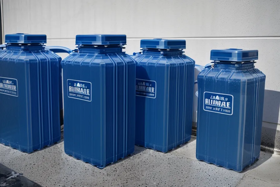 Three rigid 5-gallon blue plastic water containers for emergency storage.