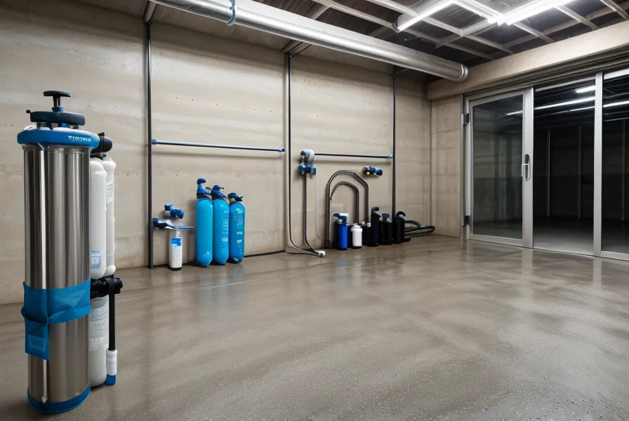 A gravity water filter bag hanging in a garage to provide clean drinking water.