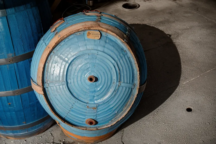 Close-up showing the wasted corner space caused by a round 55-gallon water barrel.