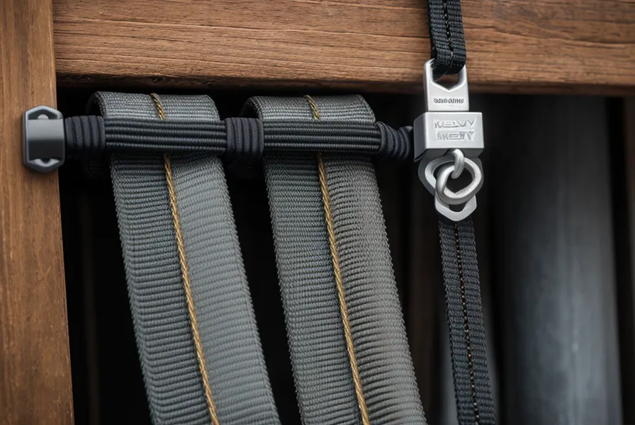 Close-up of a safety strap anchoring a vertical water storage tower to a garage wall stud.