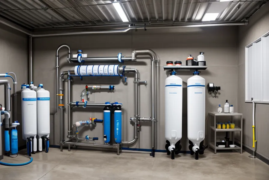 Comparison of three different emergency water filtration units on a garage shelf.
