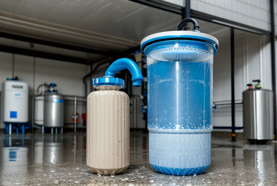 Gravity-fed water filtration system testing in a suburban garage.