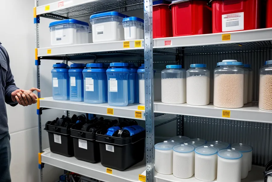 Organized emergency water storage shelf with David's Shield filter.