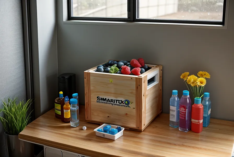 A SmartWaterBox storage system sitting on a garage workbench for emergency preparedness.