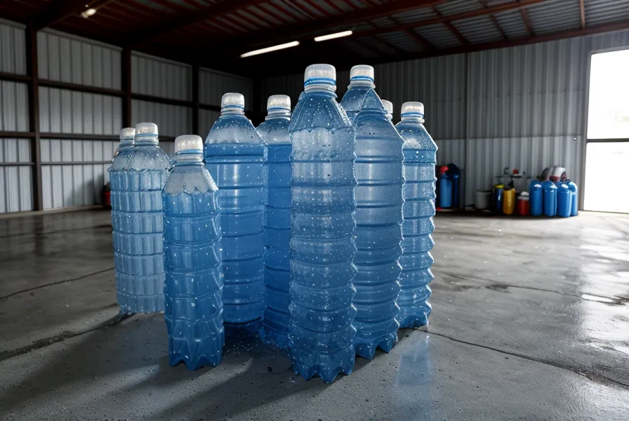 A comparison of store-bought bottled water cases next to a 55-gallon storage drum.