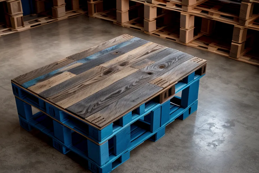 A blue water drum sitting on a wooden pallet to prevent chemical migration from concrete.