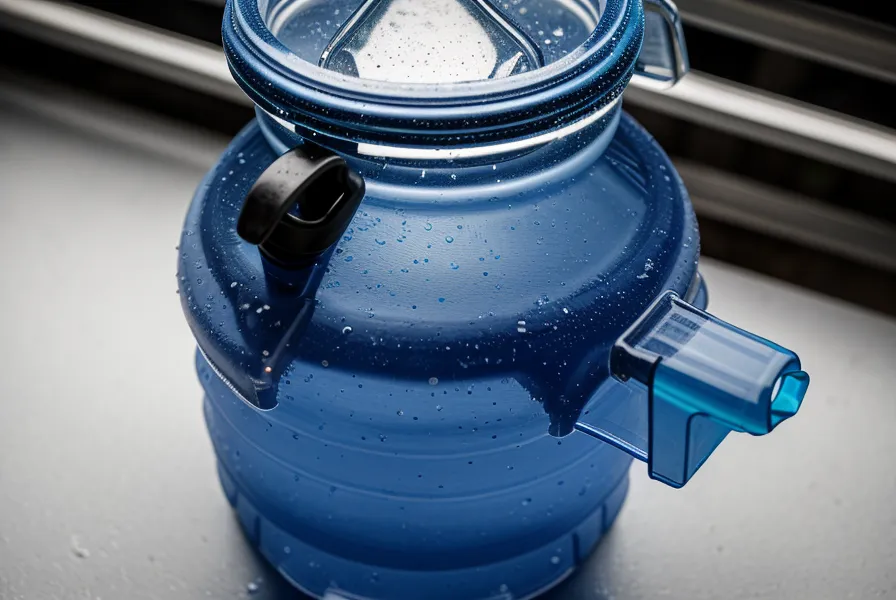 A green zip-tie on a water jug handle used for a FIFO rotation system