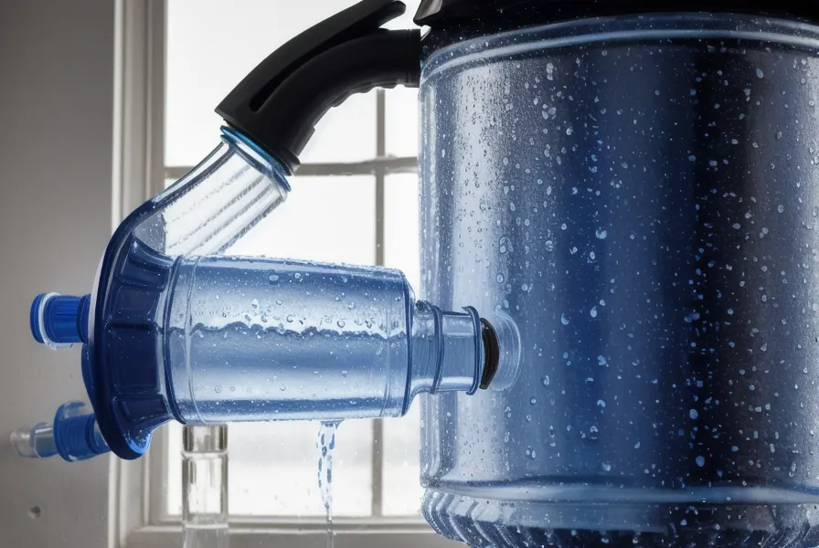 Close-up of a person lifting a 5-gallon blue water storage container.