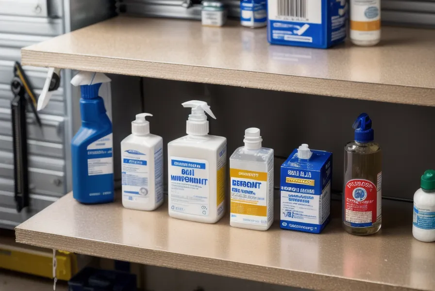 Emergency water disinfection kit with bleach and a dropper on a garage shelf.