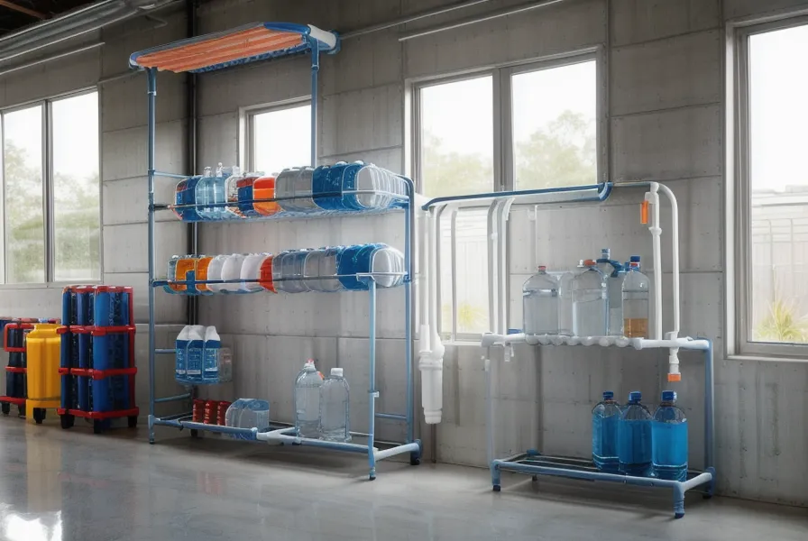 Tiered FIFO water rotation rack system in a well-lit suburban garage.