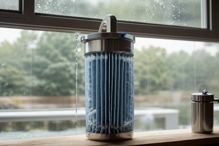 A David's Shield gravity filter dripping water into a glass on a garage workbench.