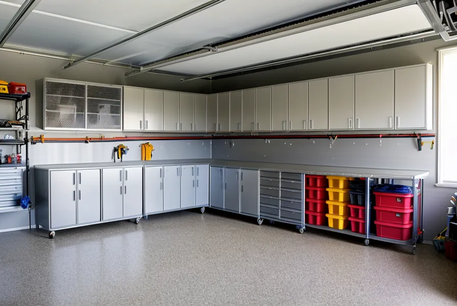 An organized suburban garage water storage station with distributed weight and clear labeling.