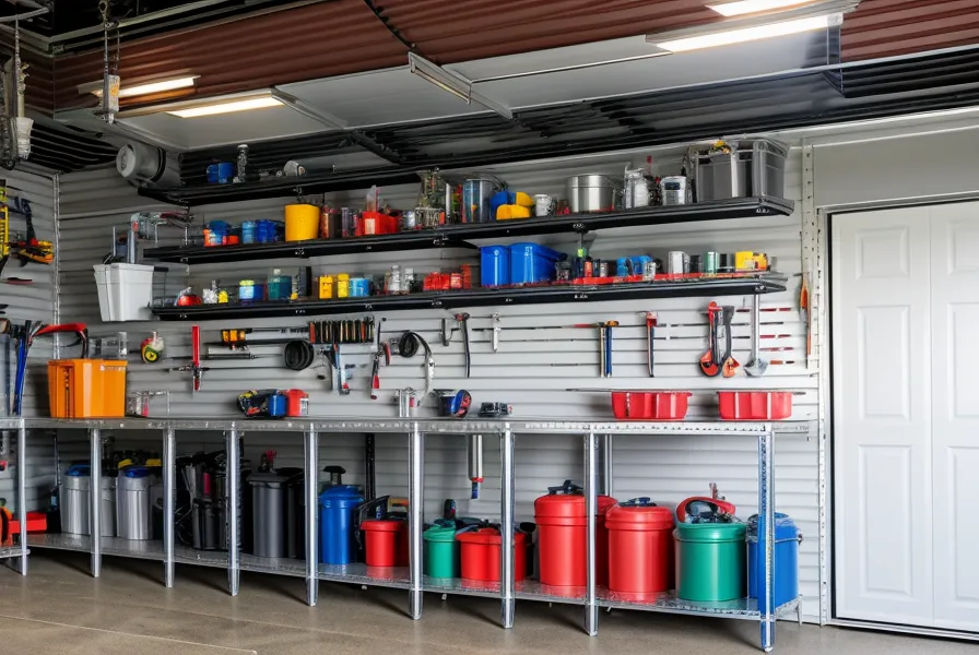 Emergency water storage containers raised on wooden slats to avoid concrete leaching in a hot garage