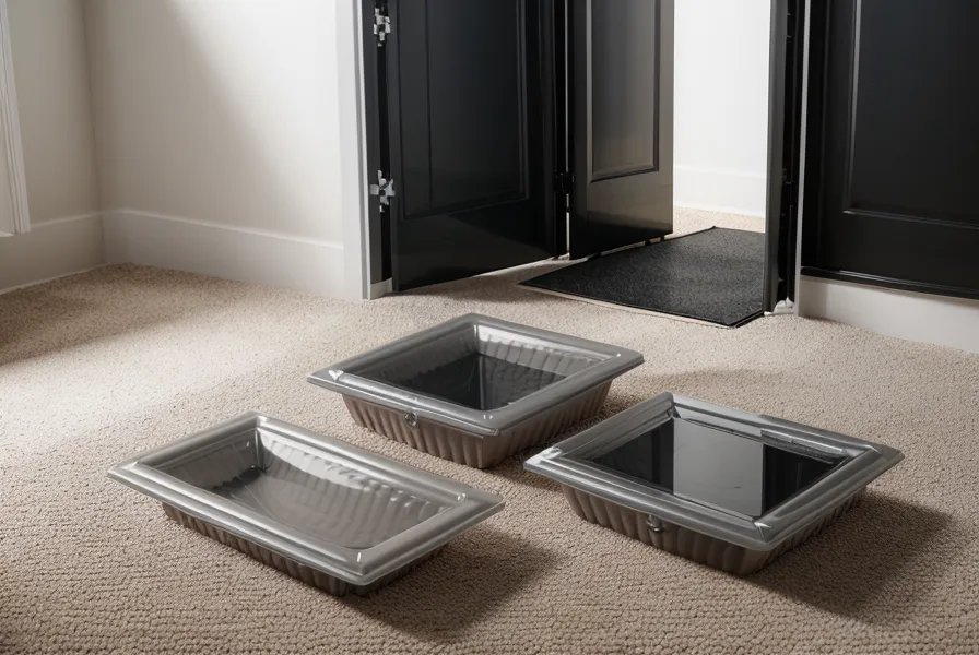 Heavy plastic drip tray protecting carpet beneath emergency water storage containers