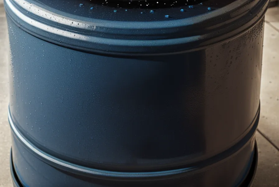 Close-up of a blue food-grade water drum with a brass spigot installed.