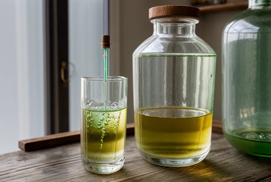 A glass of water with green algae tint next to a water testing kit.