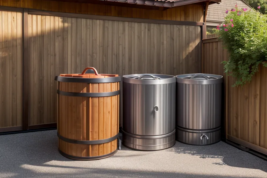 A 275-gallon IBC tote on a wooden pallet base in a backyard.
