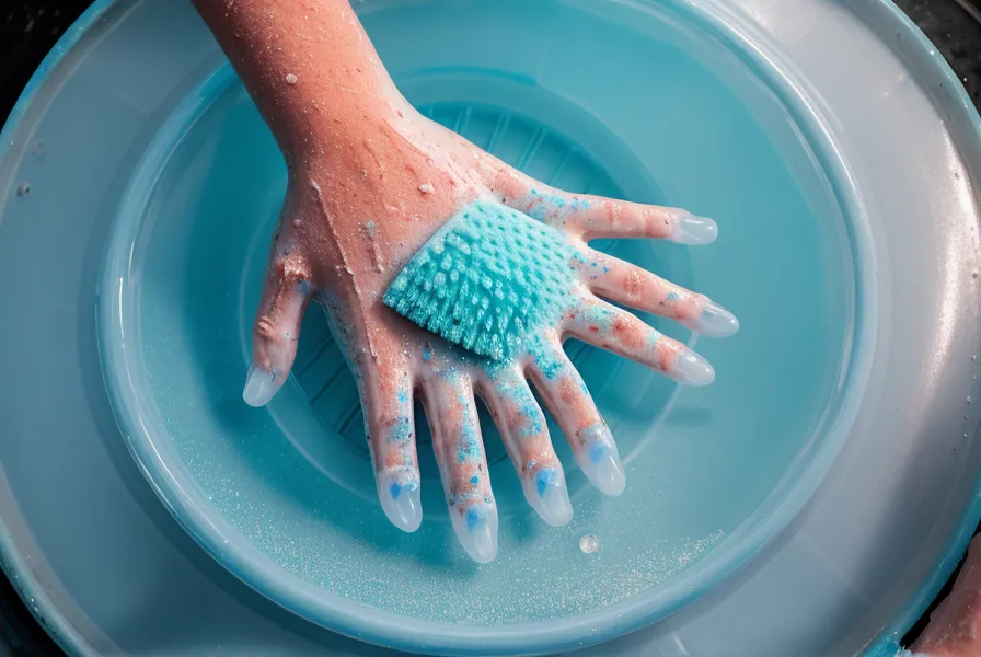 Cleaning the interior of a blue water storage drum with a brush
