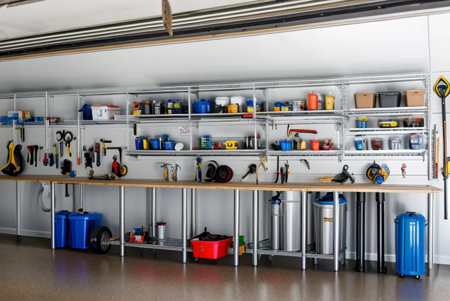 Water storage and emergency prep garage organization system for disaster readiness, rows of labeled containers along a garage wall