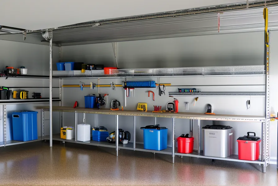 A 55-gallon water storage drum with a manual siphon pump installed, emergency prep equipment for garage organization