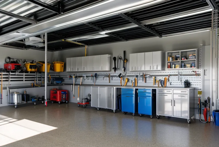 A stainless steel gravity-fed water filtration system on a garage workbench, an emergency prep alternative to bulk water storage for disaster readiness