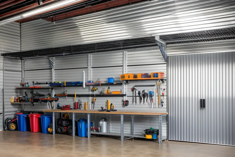 Steel shelving keeping emergency water storage containers elevated off a garage floor for flood preparedness