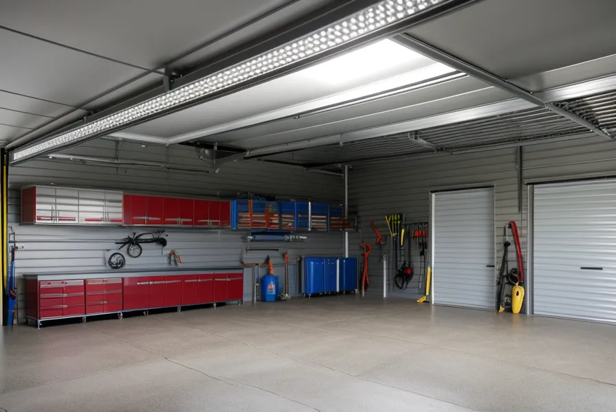 Stacked water storage containers organized on a vertical rack in a suburban garage for emergency preparedness