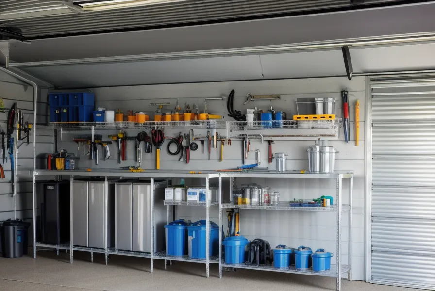 Water storage containers and backup filtration gear in a suburban Houston garage, compared for hurricane-ready emergency preparedness