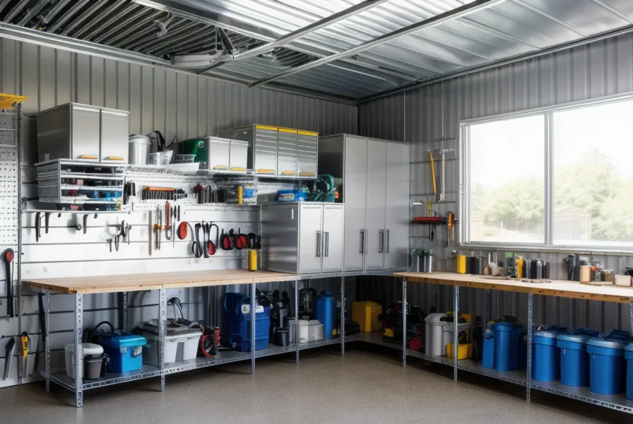 A 55-gallon water storage drum next to stackable jugs in a garage, part of a hurricane-ready water storage comparison
