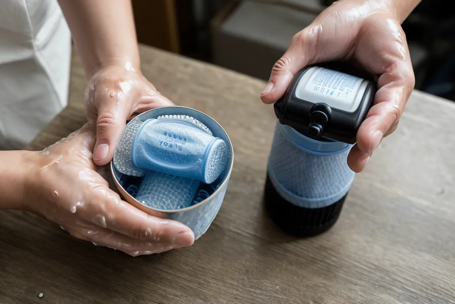 A hand-held 0.1 micron water filter being inspected for maintenance.
