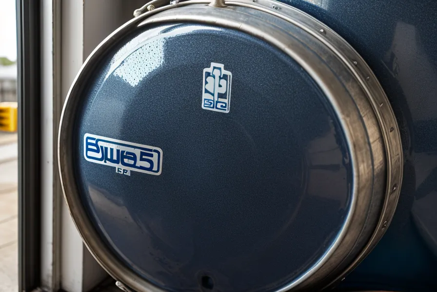 A 55-gallon blue water drum with a bung wrench on its lid.