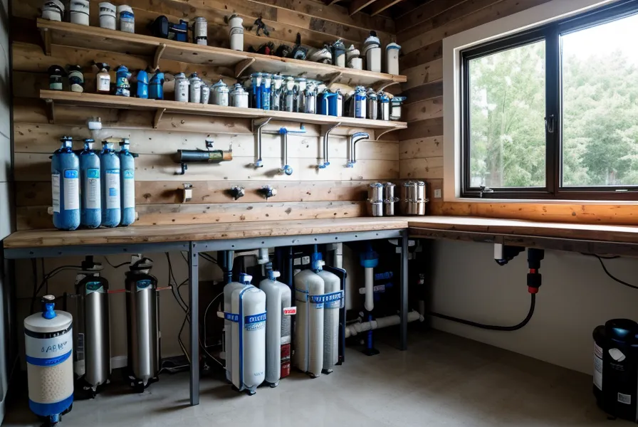 A gravity water filter system next to a laptop on a garage workbench.