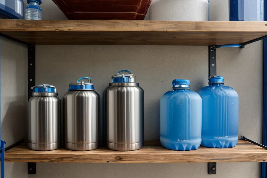 Comparison of rectangular water storage boxes versus round barrels on garage shelves.