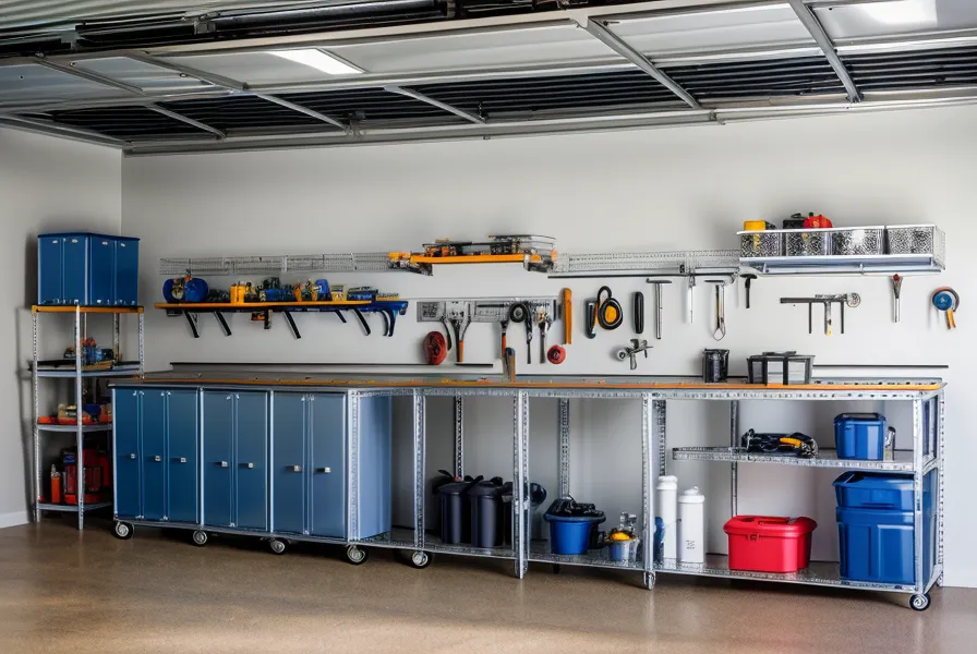 A fifty-five gallon water storage drum and garage workspace, illustrating emergency water storage weight and capacity planning for home resilience