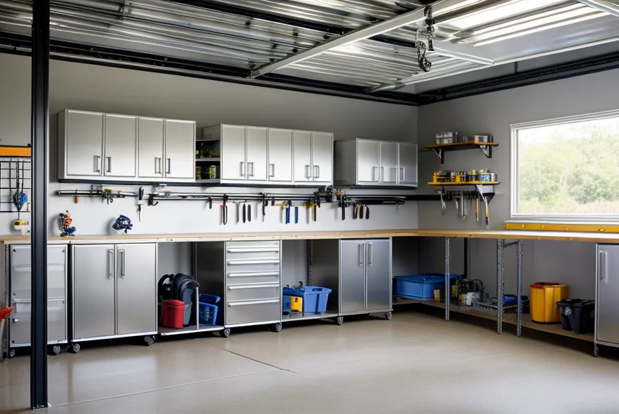 Modular SmartWaterBox units fitting neatly under a garage workbench.