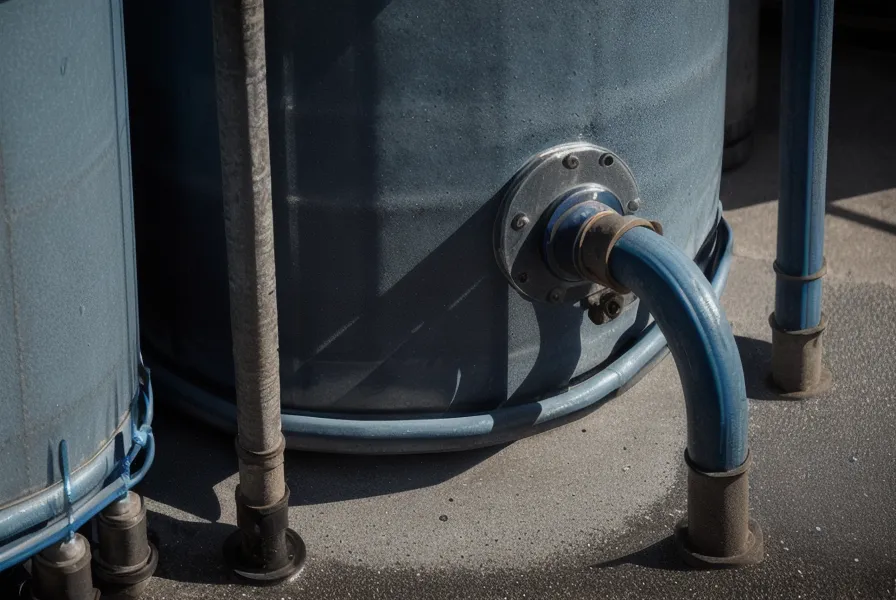 A large 55-gallon blue water storage barrel in a suburban garage.