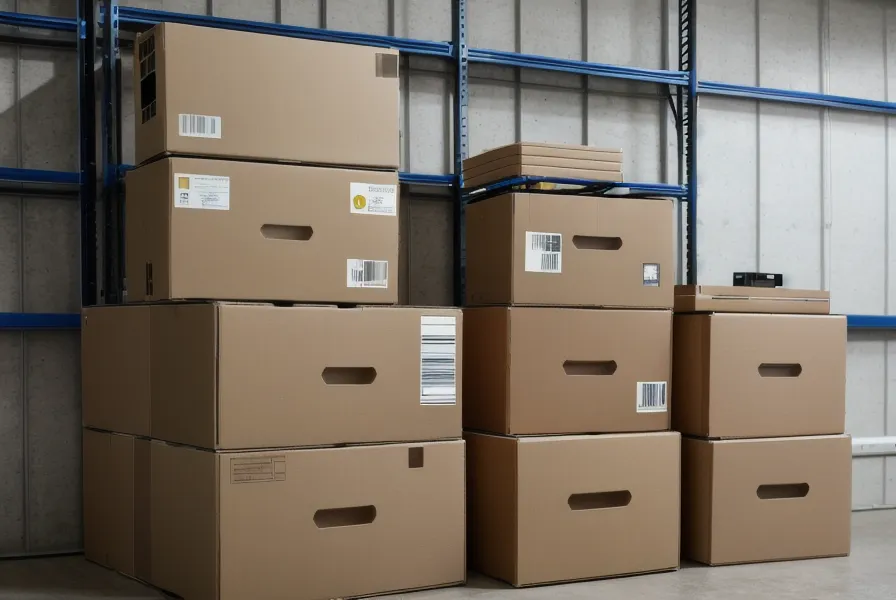 Stacked modular SmartWaterBox units on a garage shelf.