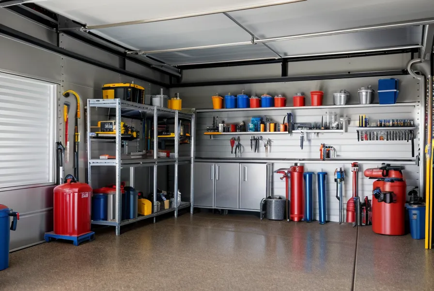 Stackable 7-gallon suburban water storage containers organized on a garage shelf