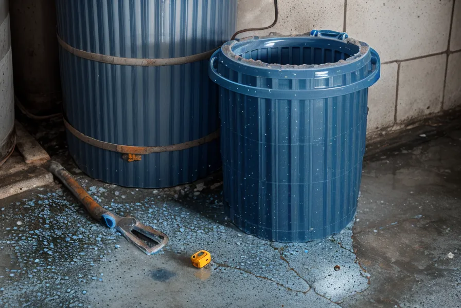 A close-up of a traditional 55-gallon blue water storage drum in a suburban garage.