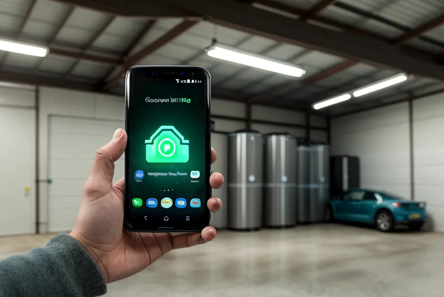 A smartphone app showing a green status for a smart water storage system.