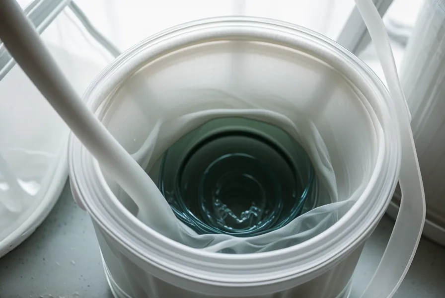 A DIY water pre-filter using a t-shirt over a bucket to remove sediment.
