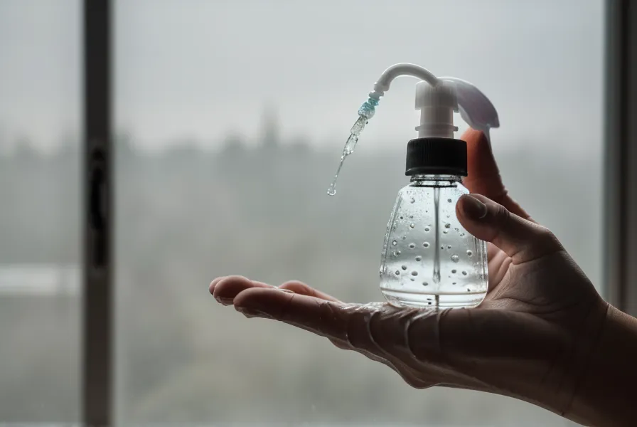 Close-up of a person carefully measuring purification drops into a large water container.
