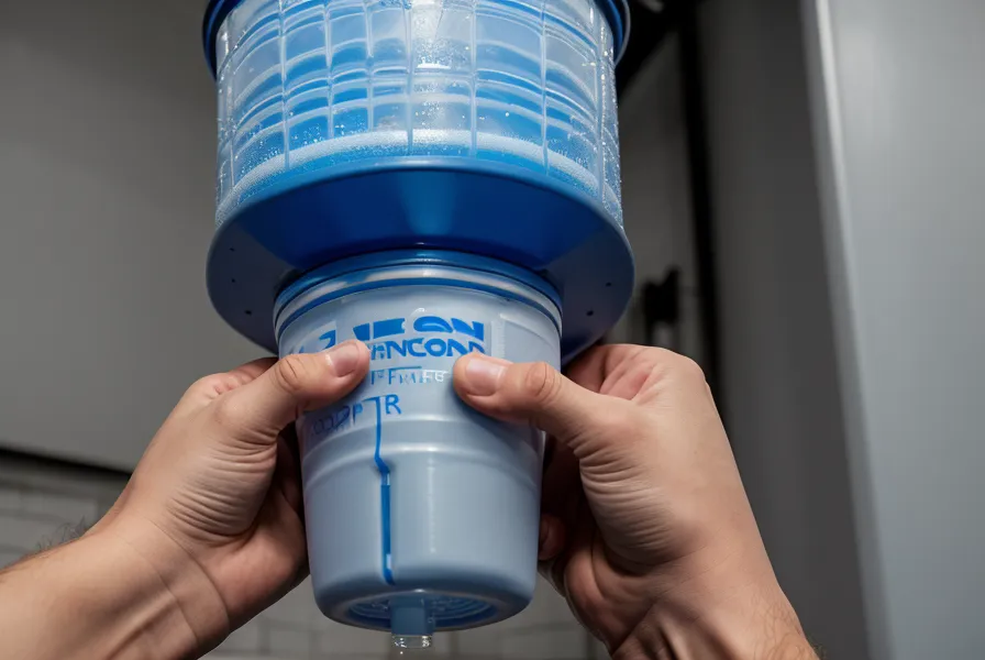 Comparison between a small portable water filter and a large storage barrel.