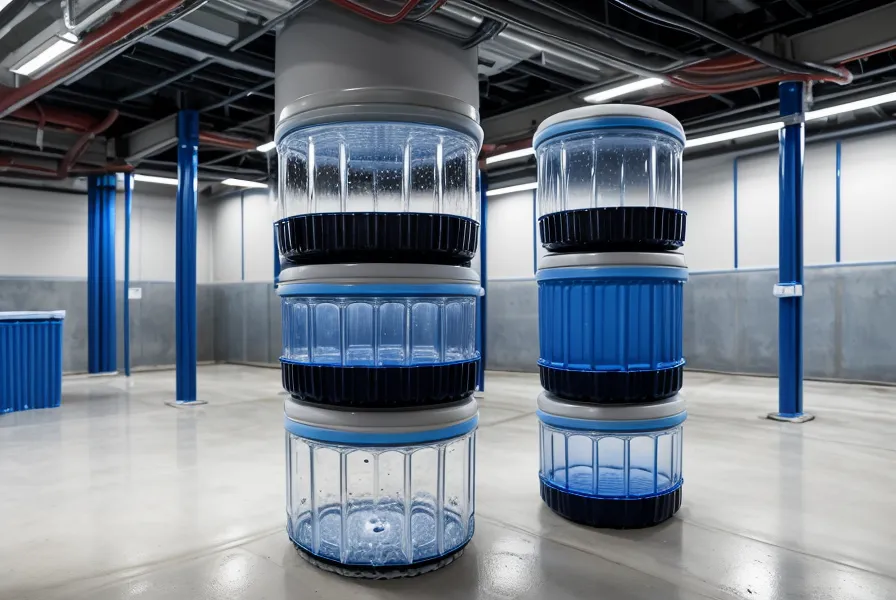 Close-up of the base of a stackable water storage system in a garage.