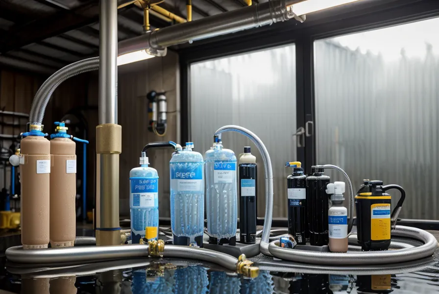 Water filtration components and hoses laid out on a garage workbench for testing.