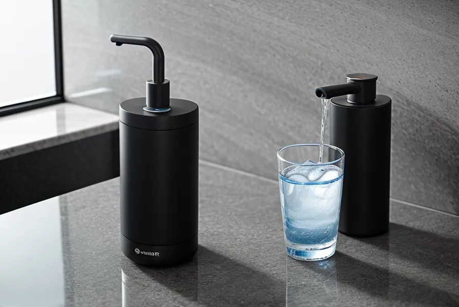 A Dark Reset portable water purifier on a kitchen counter with a glass of water.