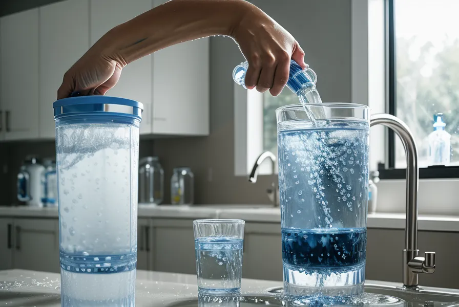 Clear water pumping from a Dark Reset filter into a glass.